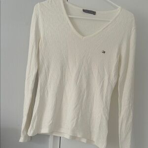 Tommy Hilfiger Cream V-Neck Long Sleeve Top with Flag Logo